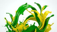 Green and yellow liquid splash frozen in motion against white background, suitable for beverage packaging, wellness products, and creative design projects.