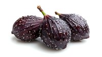 Fresh ripe black figs with water drops on dark purple skin isolated on white background, macro shot showing natural texture and glossy surface.