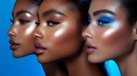 Three African American female models with glowing skin and vibrant makeup featuring metallic highlights, blue eyeshadow, and glossy lips against blue background.