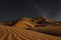 Majestic sand dunes under starry night sky in desert landscape, dramatic shadows and ripples across golden sand formations create ethereal moonlit scene.