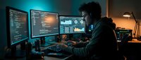 Young male programmer coding at night with multiple monitors displaying code and data analytics in modern home office setup with ambient lighting.