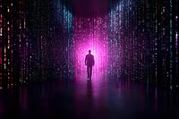 Silhouette of person walking through digital matrix tunnel with glowing pink and blue light streams, reflecting on dark glossy surface. Futuristic cyber concept.