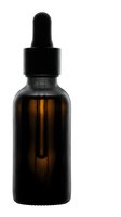 Amber glass dropper bottle with black rubber bulb and pipette isolated on white background for cosmetic serum, essential oil or medicine packaging.