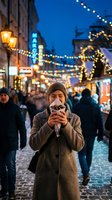 Young woman enjoying hot drink at festive Christmas market with twinkling lights and holiday decorations during winter evening celebration.