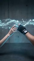 Two hands touching with glowing digital network waves flowing between them, representing connection, technology, and data exchange for digital transformation and innovation concepts.