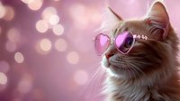 Ginger cat wearing heart-shaped pink sunglasses against blurred bokeh background. Trendy pet fashion concept for social media, greeting cards and lifestyle blogs.