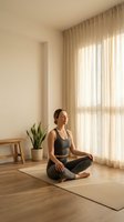 Young woman practicing meditation in lotus pose on yoga mat in minimalist living room with natural light filtering through sheer curtains and plant.