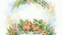 Cute brown hippos resting among colorful water lilies and tropical foliage with watercolor splashes. Isolated design element suitable for nursery decor, children's books, greeting cards, and fabric prints.