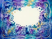 Mystical watercolor frame with cats, moons, stars and botanical elements in purple and blue tones. Magical border design for invitations and decorative projects.