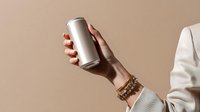Female hand in white sleeve holding blank aluminum can against beige background. Minimalist product mockup with jewelry bracelet accessory for beverage branding.