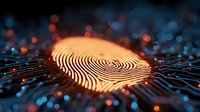 Glowing digital fingerprint scan with orange light effect on dark background with blue bokeh circles, representing biometric security and identity verification.