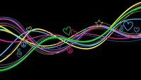 Colorful neon flowing lines with hearts and peace symbols on black background. Abstract wave design for digital art, music visualization, party decorations.