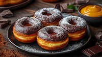 Fresh chocolate glazed donuts with powdered sugar served on dark plate with caramel sauce and cocoa powder, closeup view of homemade pastry dessert.