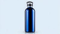 Metallic blue reusable water bottle with black screw cap on light background, eco-friendly sustainable hydration solution for active lifestyle and sports.