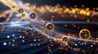 Glowing fiber optic cables with golden bokeh lights and spherical nodes creating futuristic network connection pattern against dark background.