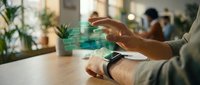 Professional using smartwatch with holographic digital interface displaying data analytics and virtual technology elements in modern office environment.