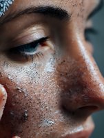 Close-up macro shot of African American female face with glitter makeup and sparkles on skin, showing eye detail and natural freckles in artistic beauty portrait.