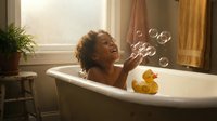 Young African American woman enjoying relaxing bubble bath with soap bubbles and rubber duck in sunlit bathroom for wellness and self-care routine.