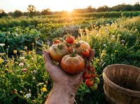 Fresh ripe tomatoes in farmer hands at sunset in organic vegetable garden with golden light streaming through agricultural field for harvest season.