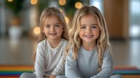 Young blonde girls with bright smiles wearing casual clothes sitting together indoors with blurred Christmas lights and festive decorations in background creating warm holiday atmosphere.