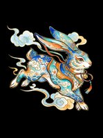 Ornate running rabbit with blue gold floral patterns and clouds, isolated on transparent background. Great for stickers, t-shirt design, print on demand, sublimation.