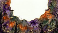 Halloween spooky frame with pumpkins, bats, spider webs and autumn leaves creating festive border for seasonal designs and decorations.