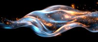 Glowing blue and orange waves with sparkles flow across dark background creating magical ethereal effect. Abstract light trails with luminous particles.