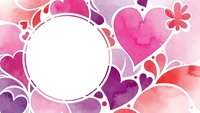 Watercolor hearts and floral elements frame with empty circle space for text or logo on romantic pink and purple background for Valentine's Day cards.