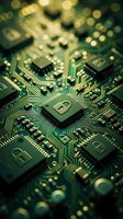 Green circuit board with security lock symbols and golden bokeh lights representing cybersecurity technology and data protection in modern electronics.