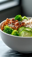 Asian-inspired rice bowl with glazed chicken, fresh broccoli, cucumber slices, and sesame seeds served in white ceramic bowl on dark surface.