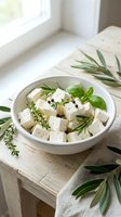 Fresh feta cheese cubes with herbs and olive oil in ceramic bowl on rustic wooden table near window for Mediterranean cooking and healthy eating.