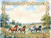 Watercolor horses galloping through a scenic countryside meadow, framed by an ornate golden border with horseshoes and floral details.