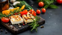 Grilled halloumi cheese with fresh cherry tomatoes, rosemary herbs, and spices on rustic wooden cutting board against dark background. Mediterranean cuisine.