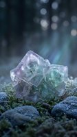Natural fluorite crystal cluster with purple and green hues resting on moss in soft bokeh light for healing and meditation concepts.