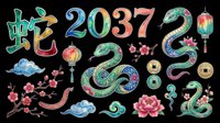 Colorful Chinese New Year snake clipart set with 2037 numerals, lanterns, coins, flowers, and clouds, isolated on transparent background for stickers, sublimation, t-shirt design.