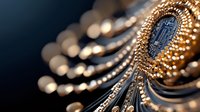 Macro shot of electronic circuit board with gold-plated components and intricate patterns creating abstract technological composition against dark background.