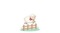 Young lamb with white wool and pink accents jumping over wooden fence on green grass, suitable for children's book illustrations, nursery decor, and educational materials.