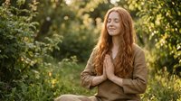 Young redhead woman meditating outdoors in prayer pose with closed eyes, peaceful expression in natural garden setting during golden hour sunlight.