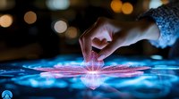 Finger touching glowing digital interface with futuristic holographic butterfly projection on interactive surface, illuminated by blue light in dark environment.