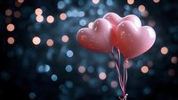 Pink heart-shaped balloons floating against dark bokeh background with glowing coral and blue lights, romantic atmosphere for Valentine's Day celebrations and love concepts.