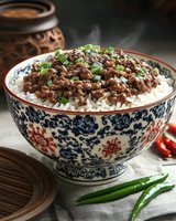 Steaming minced meat with green onions served over white rice in traditional Asian porcelain bowl with blue and red floral pattern, garnished with chili peppers.