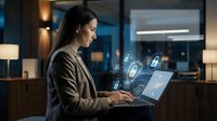 Professional businesswoman working on laptop with digital security icons and cybersecurity interface in modern office environment at night.