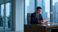 Professional businessman in dark suit reading documents at modern office desk with city skyline view through large windows for corporate business concepts.