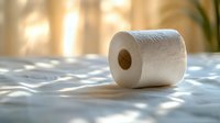 White toilet paper roll on soft textured surface with natural sunlight and shadow patterns creating gentle morning atmosphere for lifestyle and household concepts.