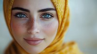 Young Middle Eastern woman with blue eyes wearing golden yellow hijab headscarf, natural makeup and freckles, close-up portrait for beauty and fashion concepts.