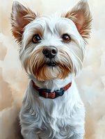 Adorable white Yorkshire Terrier puppy portrait with red collar against soft beige background. Expressive brown eyes and distinctive pointed ears create engaging pet artwork.