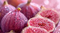 Fresh ripe figs with water drops, whole and cut in half showing juicy pink flesh and seeds on pink background, macro food photography.