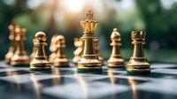 Golden chess pieces on board with king in focus against blurred green background, showcasing strategy and competition in classic game.