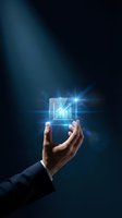 Businessman hand holding glowing holographic chart icon with upward trending graph bars on dark blue background for financial growth and business analytics.