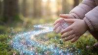 Hands releasing magical sparkling glitter particles into forest air with sunlight creating rainbow bokeh effects on moss ground for fantasy concepts.